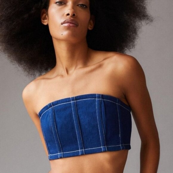 By.DYLN Denim Tube Top – Dark Blue Smocked Strapless Crop w/ Zipper | Deadstock - Picture 14 of 14